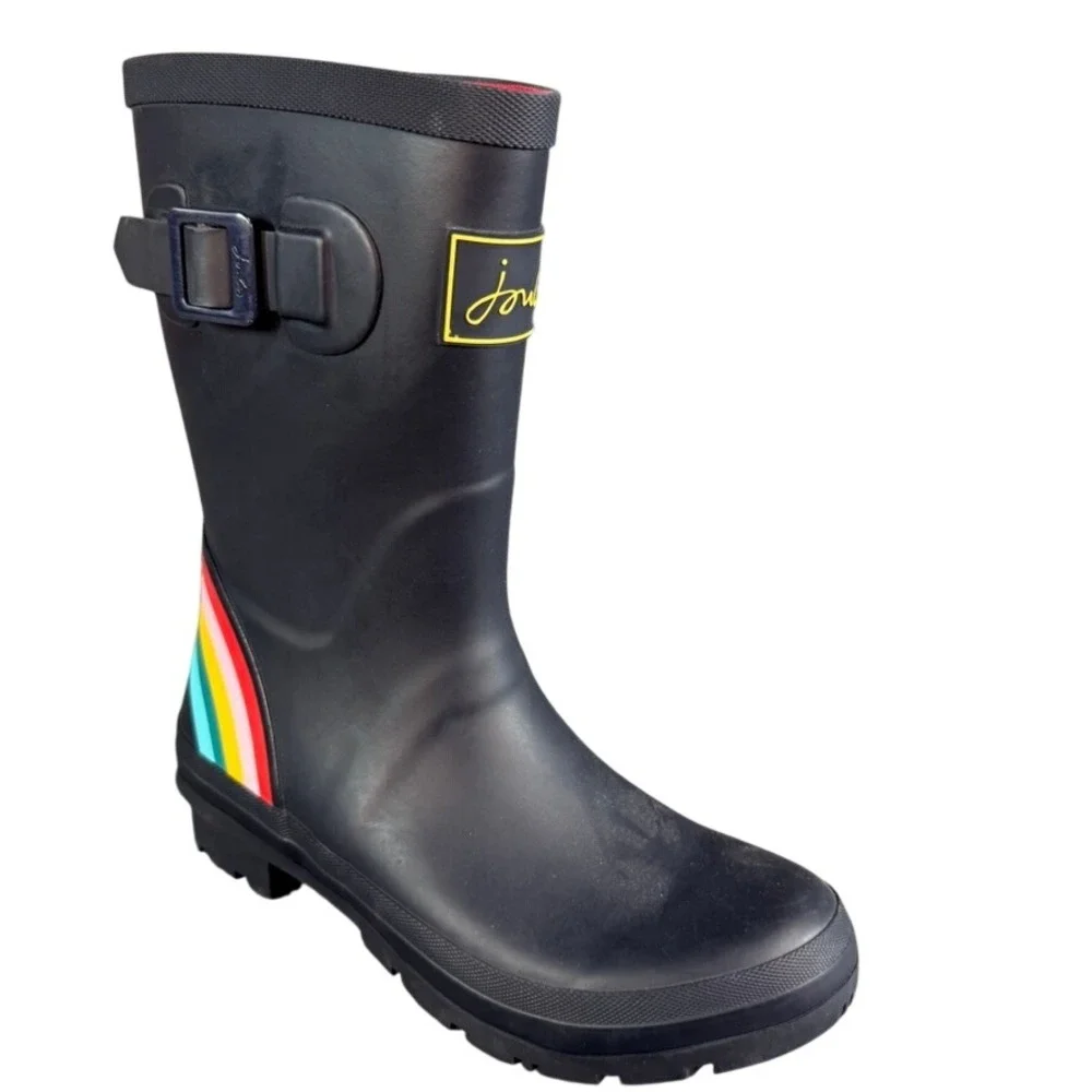 Joules Molly Welly Navy Blue Rainbow Stripe Mid Height Rain Boots Womens 5
